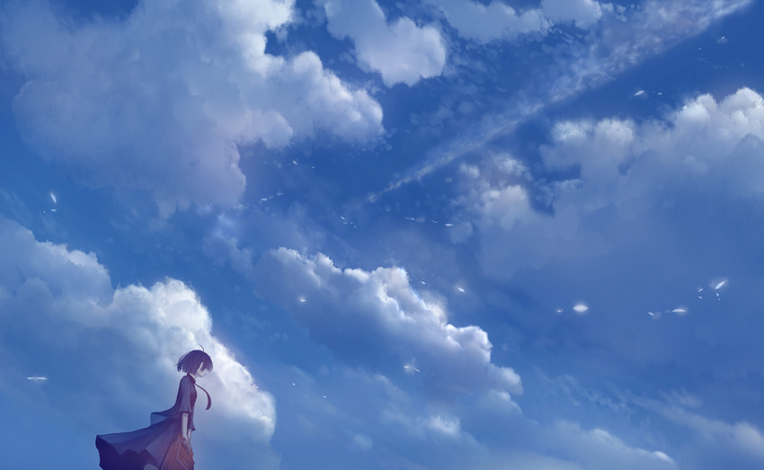 ahoge bangs blue_sky cloud cloudy_sky commentary_request day dress from_side necktie original outdoors sakimori_(hououbds) scenery short_hair sky solo standing