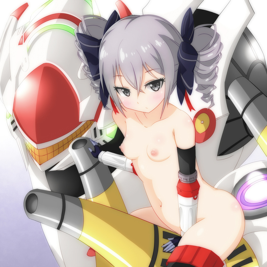 benghuai_xueyuan bow breasts bronya_zaychik drill_hair gloves grey_eyes grey_hair hair_bow highres honkai_impact long_hair looking_at_viewer mecha navel nipples nude sakurazaki_(pixiv3771241) small_breasts solo tsurime twin_drills