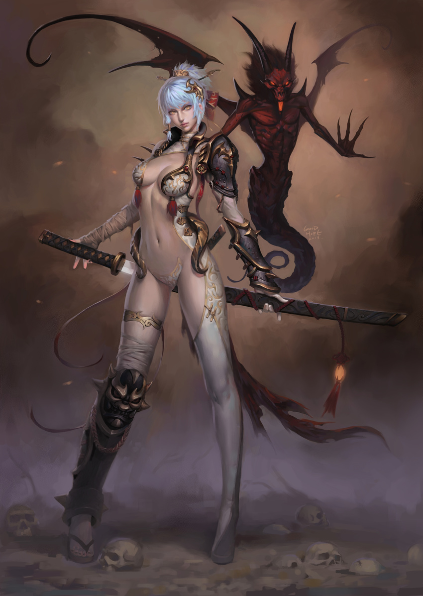 absurdres arm_wrap arms_at_sides blue_hair blurry blurry_background boots breasts cleavage contrapposto demon flying full_body hair_ornament hair_ribbon hair_stick hair_tubes head_tilt highres holding holding_weapon horns katana kojiri leg_garter looking_at_viewer medium_breasts narrow_waist navel pauldrons realistic revealing_clothes ribbon sageo same-hada sandals saya_(scabbard) shin_guards single_sandal single_thighhigh skull standing sword sword_behind_back tassel thigh_boots thighhighs thighs toenail_polish tony_wang tress_ribbon tsuba_(guard) tsuka-ito tsuka_(handle) vambraces weapon white_legwear yellow_eyes