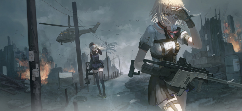 aircraft assault_rifle bird black_legwear brown_eyes building choker city cloud cloudy_sky drum_(container) fire girls_frontline gloves grey_sky gun hand_to_forehead hand_to_head heckler_&amp;_koch helicopter highres hk416 hk416_(girls_frontline) holding holding_gun holding_weapon jacket kriss_vector long_hair looking_to_the_side multiple_girls one_eye_closed outdoors rifle ruins short_hair sky spotlight submachine_gun suppressor telephone_pole thighhighs vector_(girls_frontline) walking weapon white_hair wind xukong zettai_ryouiki