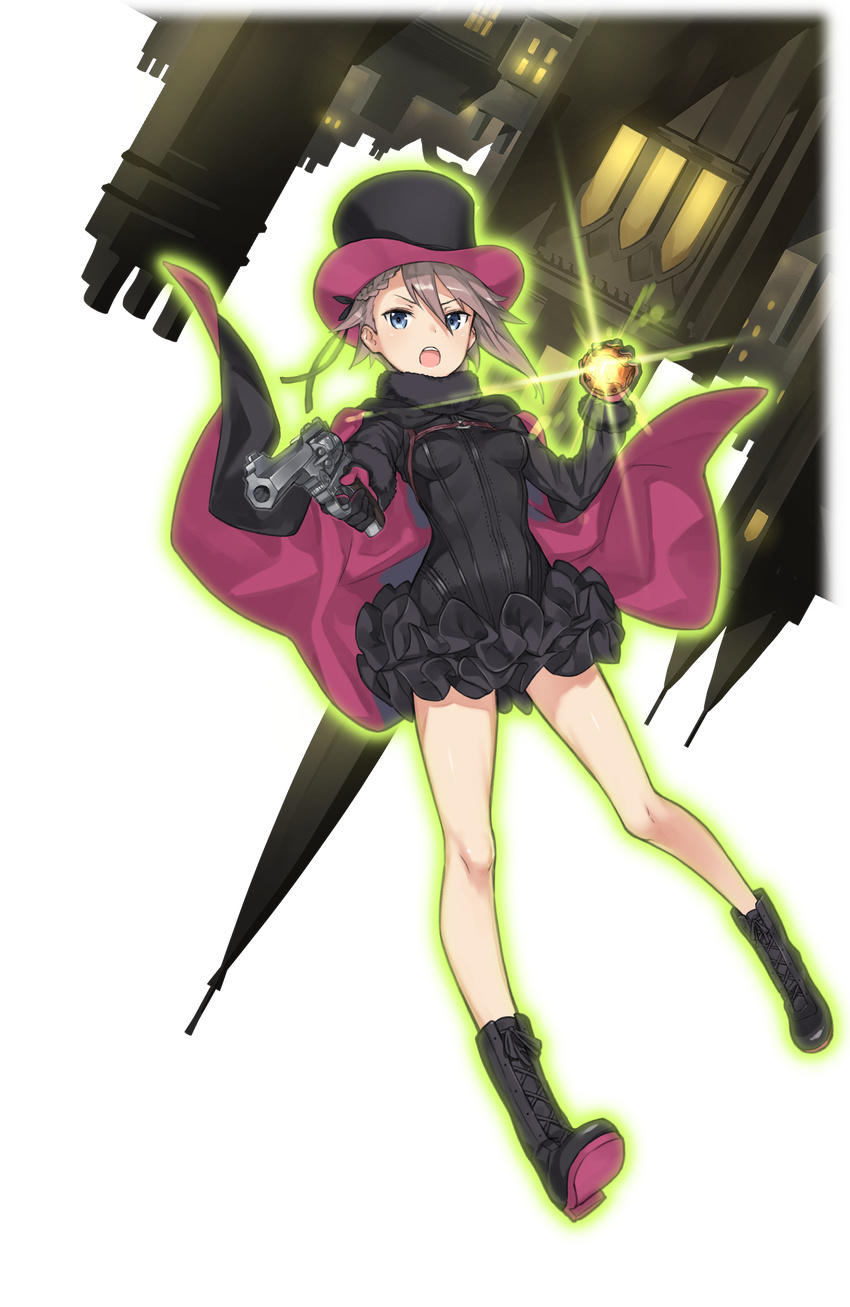 :o ange_(princess_principal) asymmetrical_hair aura black_cape black_footwear black_hat black_skirt blue_eyes braid breasts cape cavorite_ball cityscape full_body fur_trim grey_hair hat highres looking_at_viewer makaria official_art princess_principal princess_principal_game_of_mission shoes short_hair skirt small_breasts solo top_hat transparent_background upside-down