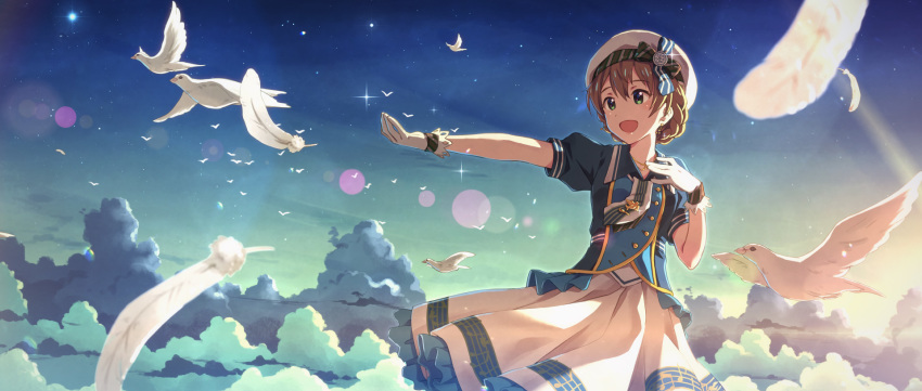 1girl :d arm_up bangs beret bird blue_jacket blue_neckwear blue_sky braid brown_hair day dove eyebrows_visible_through_hair feathers feet_out_of_frame frilled_skirt frills gloves green_eyes hand_on_own_chest hat highres idolmaster idolmaster_million_live! idolmaster_million_live!_theater_days jacket jewelry lens_flare looking_away looking_to_the_side musical_note_earrings necklace necktie open_mouth outstretched_arm outstretched_arms pendant sakuramori_kaori short_sleeves skirt sky smile solo sparkle standing star_(sky) starry_sky striped striped_neckwear tied_hair white_gloves white_hat white_skirt yuuki_tatsuya