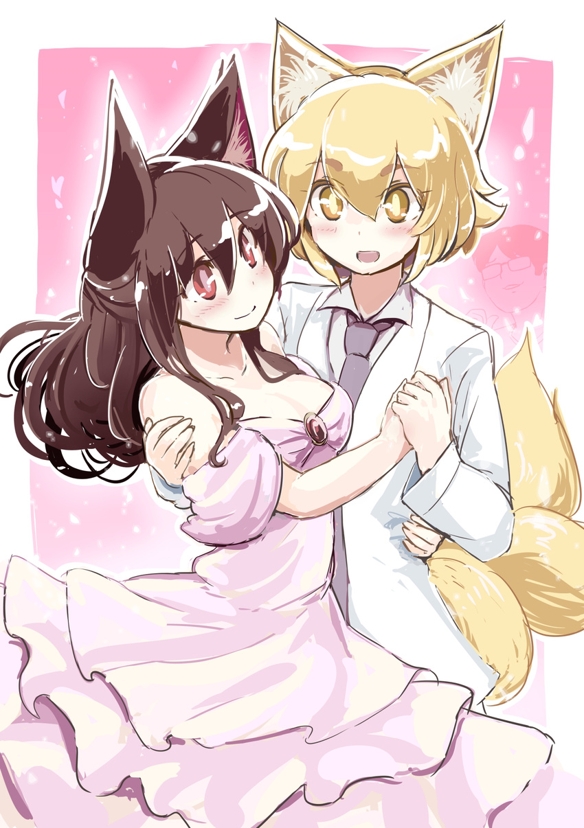 :d alternate_costume animal_ears arm_around_shoulder arm_around_waist azumaya_toushirou bare_shoulders blonde_hair blush breasts brooch brown_eyes brown_hair cleavage closed_mouth collarbone collared_shirt commentary_request dress eyebrows_visible_through_hair formal fox_ears fox_tail glasses hair_between_eyes half_updo hand_on_another's_shoulder heart highres holding_hands imaizumi_kagerou jacket jewelry long_hair looking_at_another medium_breasts multiple_girls multiple_tails necktie off-shoulder_dress off_shoulder open_mouth pink_dress pink_pupils purple_neckwear shirt short_hair smile standing suit tail touhou upper_body white_jacket white_shirt white_suit wing_collar wolf_ears yakumo_ran yellow_eyes yellow_pupils yuri