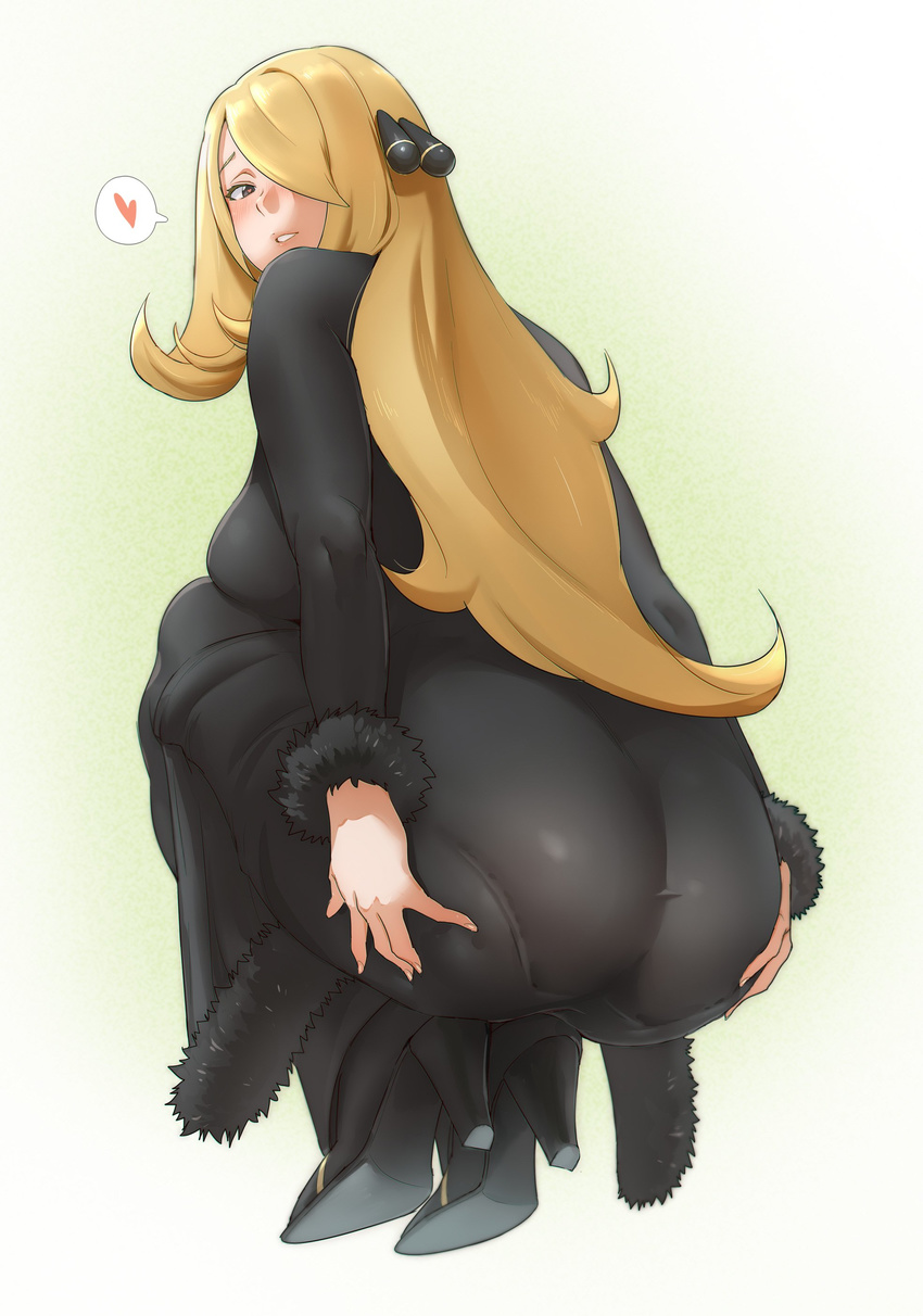 1girl ass blonde_hair blush breasts dated fur_trim gradient gradient_background hair_ornament hair_over_one_eye heart high_heels highres large_breasts long_hair pantylines pokemon pokemon_(game) pokemon_dppt shiroinuchikusyo shirona_(pokemon) skin_tight smile solo squatting