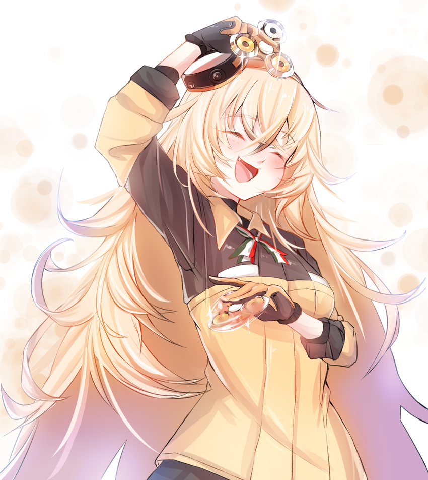 :d ^_^ arm_up bangs black_gloves black_shirt blonde_hair blush closed_eyes collared_shirt commentary_request dayongqi eyebrows_visible_through_hair fang fidget_spinner girls_frontline gloves hair_between_eyes hair_ornament hand_up highres long_hair messy_hair military military_uniform open_mouth orange_gloves orange_shirt s.a.t.8_(girls_frontline) shirt sleeves_past_elbows smile solo uniform upper_body very_long_hair