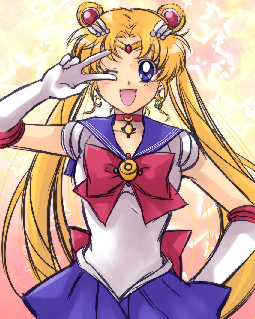 ;d bishoujo_senshi_sailor_moon blonde_hair blue_eyes blue_skirt bow bowtie collarbone double_bun earrings elbow_gloves gloves hand_on_hip highres jewelry long_hair masateruteru miniskirt one_eye_closed open_mouth pleated_skirt red_bow red_neckwear sailor_moon sailor_senshi_uniform shirt short_sleeves skirt smile solo standing star star_earrings twintails v very_long_hair white_gloves white_shirt