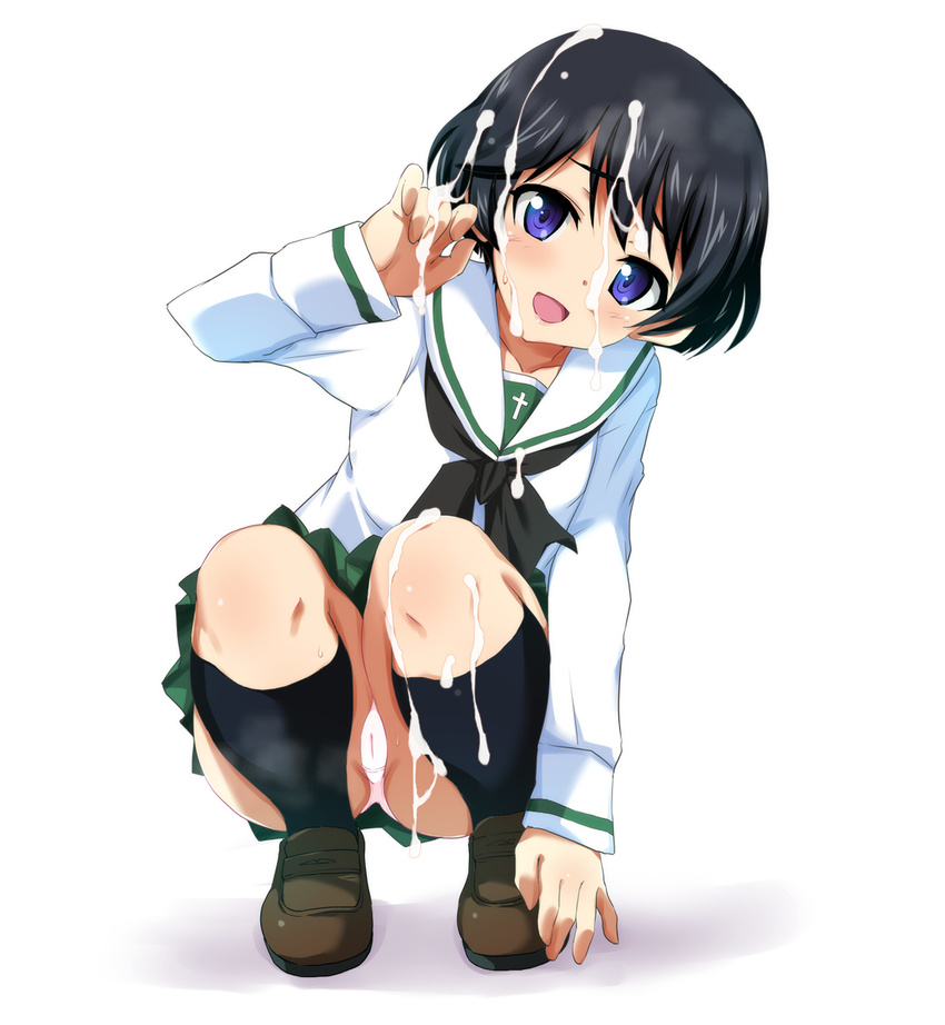 bangs black_hair black_legwear black_neckwear blouse blue_eyes brown_footwear bukkake cameltoe crotch_seam cum eyebrows_visible_through_hair full_body girls_und_panzer green_skirt highres kneehighs leaning_to_the_side loafers long_sleeves looking_at_viewer miniskirt neckerchief ooarai_school_uniform open_mouth ouhashi panties pantyshot pantyshot_(squatting) pleated_skirt school_uniform serafuku shoes short_hair simple_background skirt smile solo squatting sweat underwear utsugi_yuuki white_background white_blouse white_panties