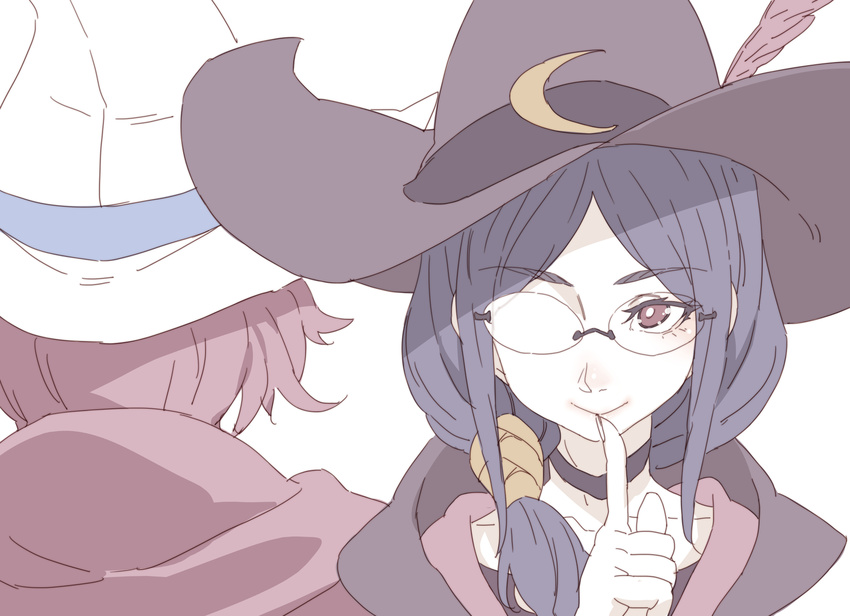 blue_hair closed_mouth dual_persona finger_to_mouth glasses hat highres little_witch_academia long_hair looking_at_viewer multiple_girls pale_color red_eyes shiny_chariot shushing simple_background smile spoilers tasaka_shinnosuke ursula_charistes white_background white_hat witch witch_hat