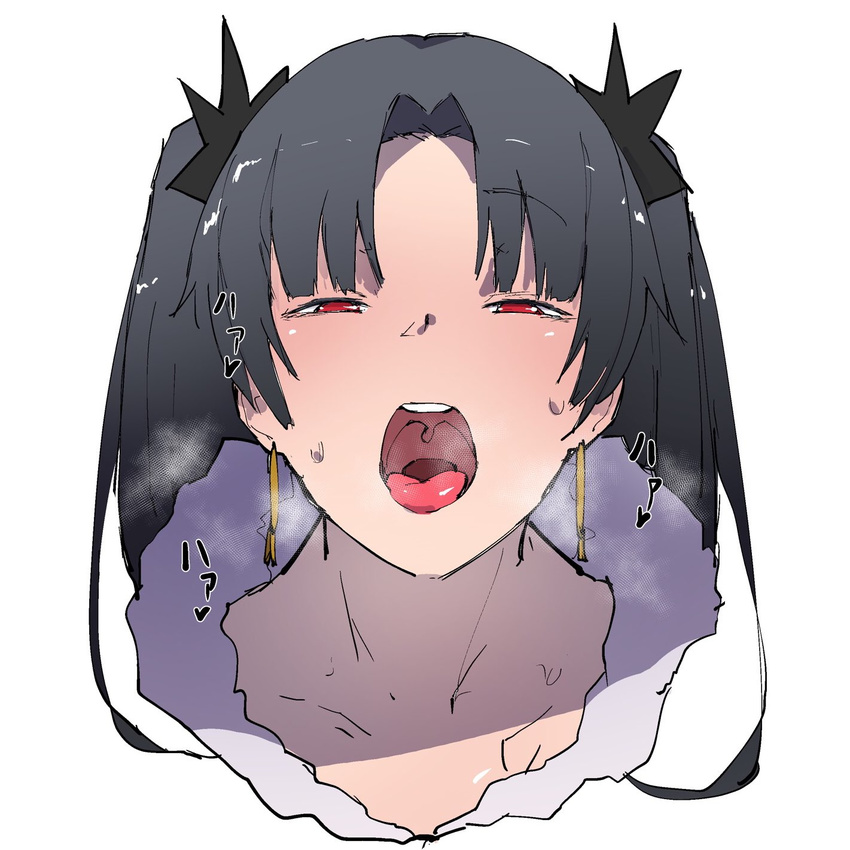 bangs black_hair blunt_bangs blush commentary_request earrings eyebrows_visible_through_hair face fate/grand_order fate_(series) heavy_breathing highres ishtar_(fate/grand_order) jewelry jikatarou looking_at_viewer open_mouth oral_invitation red_eyes simple_background solo tongue twintails uvula white_background
