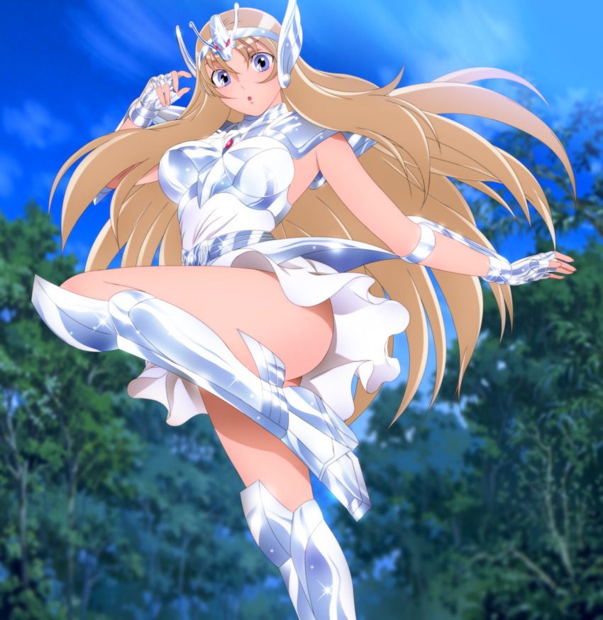 1girl :o aquila_yuna armor ass blonde_hair blue_eyes blush breasts clouds convenient_censoring cosplay equuleus_shoko feet fighting_stance floating_hair highres large_breasts leg_up legs long_hair looking_at_viewer miniskirt outdoors parted_lips saint_seiya saint_seiya_omega saint_seiya_saintia_sho shiny shiny_armor shoulder_pads skirt sky solo standing thighs tiara trees upskirt yadokari_genpachirou