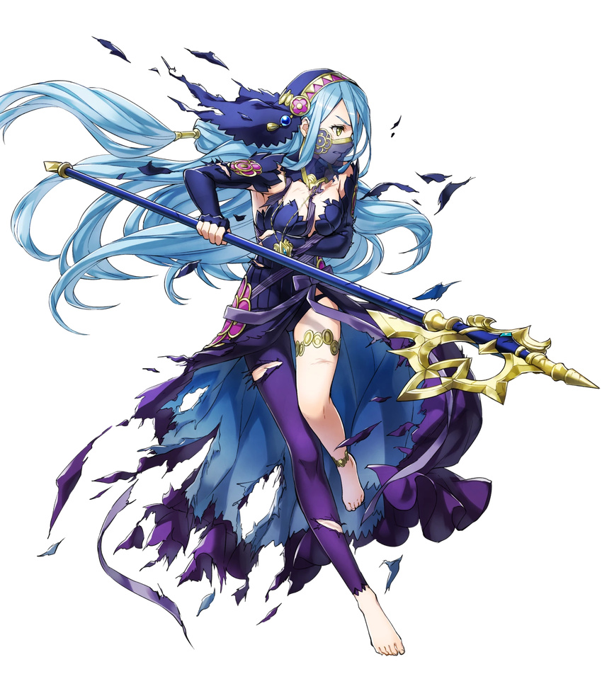 aqua_(fire_emblem_if) asymmetrical_legwear axe bangs bare_shoulders barefoot breasts dress fingerless_gloves fire_emblem fire_emblem_heroes fire_emblem_if full_body gloves highres holding holding_weapon kaya8 leg_up long_hair looking_away medium_breasts official_art polearm poleaxe scar see-through skirt solo thigh_strap torn_clothes torn_skirt transparent_background turtleneck veil very_long_hair weapon yellow_eyes