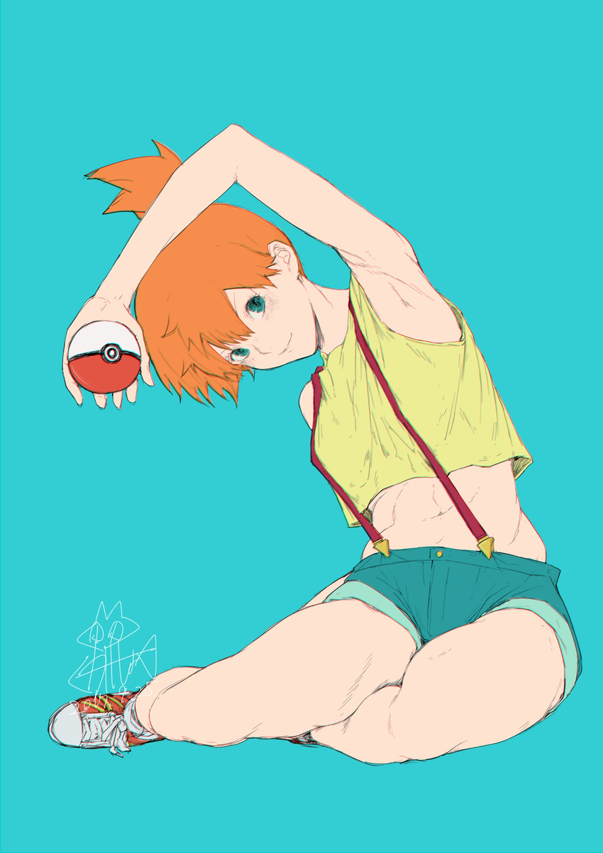 chromatic_aberration denim denim_shorts full_body green_eyes highres holding holding_poke_ball kakeshou kasumi_(pokemon) orange_hair poke_ball poke_ball_(generic) pokemon pokemon_(anime) pokemon_(classic_anime) short_hair shorts side_ponytail simple_background solo suspenders