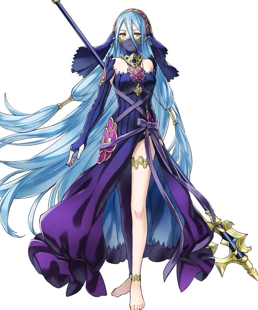 aqua_(fire_emblem_if) asymmetrical_legwear axe bangs bare_shoulders barefoot blue_skirt breasts dress elbow_pads fingerless_gloves fire_emblem fire_emblem_heroes fire_emblem_if full_body gloves highres holding holding_weapon kaya8 long_hair looking_at_viewer medium_breasts official_art polearm poleaxe see-through skirt solo standing thigh_strap transparent_background turtleneck veil very_long_hair weapon yellow_eyes