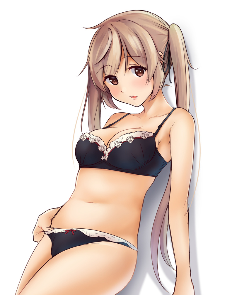 adapted_costume bad_id bad_pixiv_id bikini black_bikini blonde_hair blush breasts brown_eyes cleavage collarbone eyebrows_visible_through_hair haregama_shiina highres kantai_collection long_hair looking_at_viewer medium_breasts murasame_(kantai_collection) navel open_mouth shadow simple_background solo standing swimsuit twintails upper_body white_background