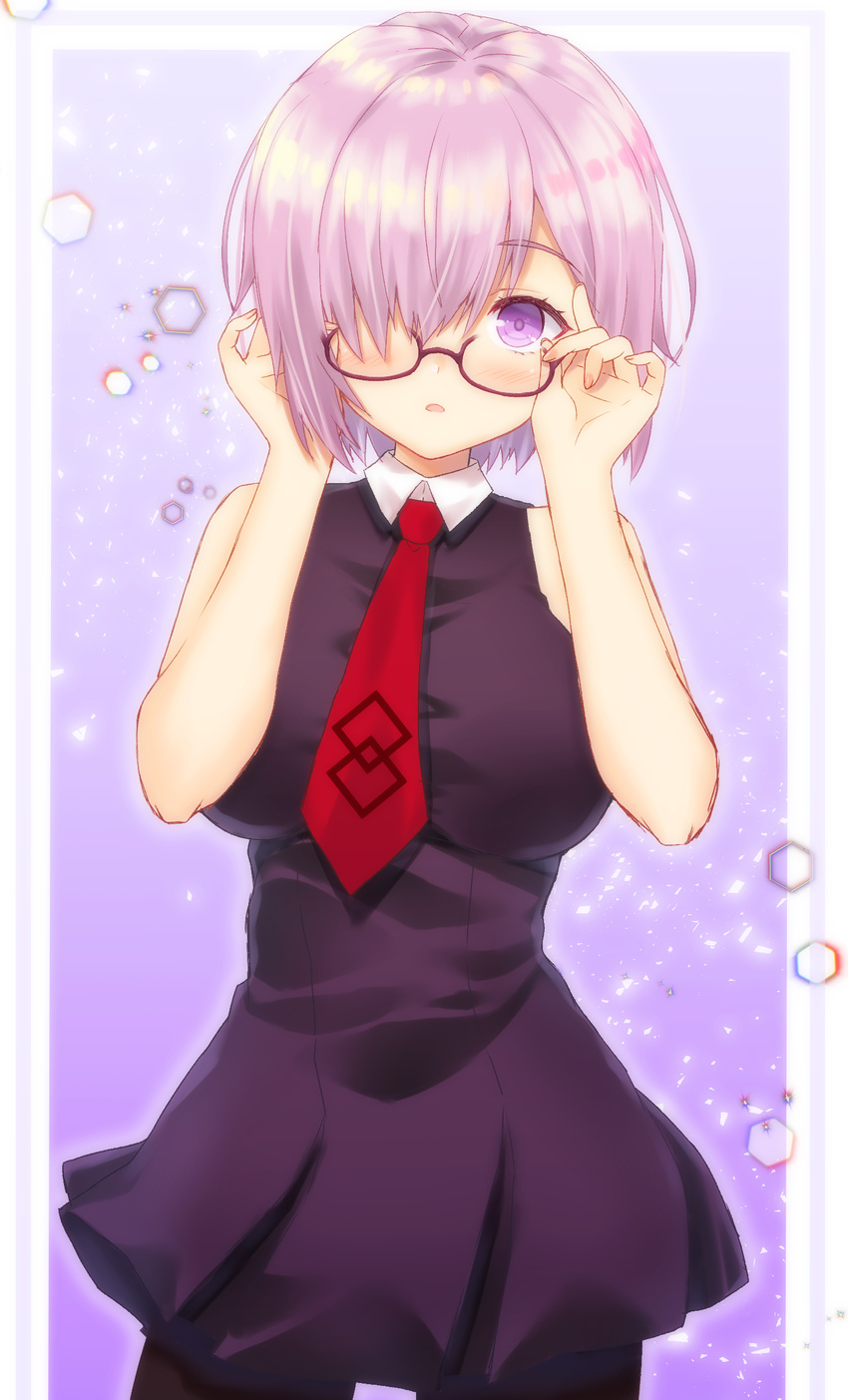 :o adjusting_eyewear bad_id bad_pixiv_id black-framed_eyewear black_dress blush border breasts cowboy_shot dress fate/grand_order fate_(series) glasses gradient gradient_background hair_over_one_eye hands_up highres kisshii_(kic1224) large_breasts looking_at_viewer mash_kyrielight necktie parted_lips pink_background pink_hair purple_eyes red_neckwear shiny shiny_hair short_hair sleeveless sleeveless_dress solo standing white_border