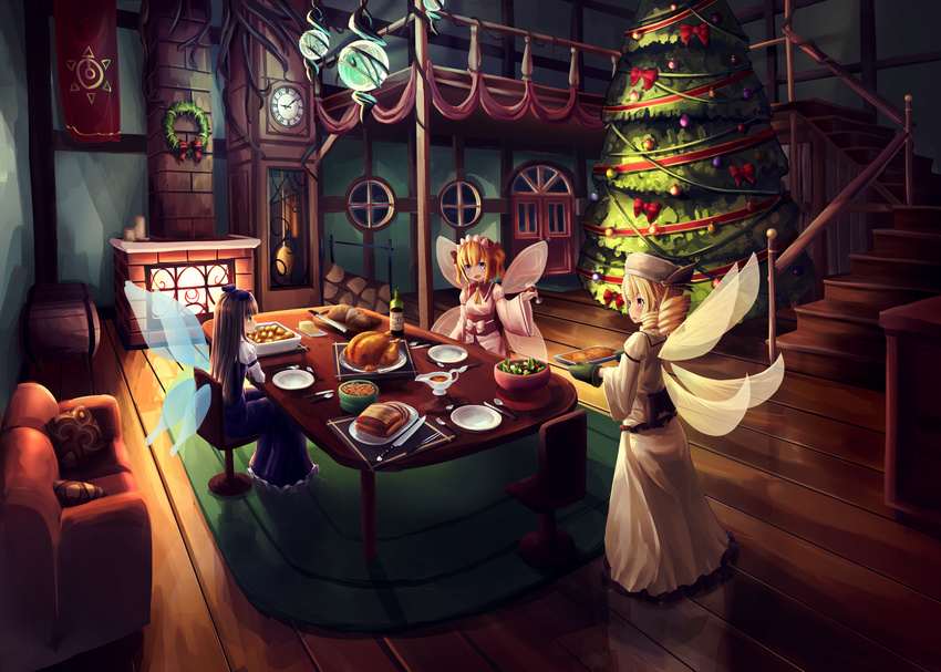 :d alcohol bangs bird blush bow bread chair chicken christmas christmas_tree clock commentary_request couch dress drill_hair fairy_wings food hair_bow hair_ornament hat highres indoors juliet_sleeves long_sleeves luna_child mittens multiple_girls natori_youkai open_mouth puffy_sleeves salad sitting smile star_sapphire sunny_milk table touhou two_side_up wine wings