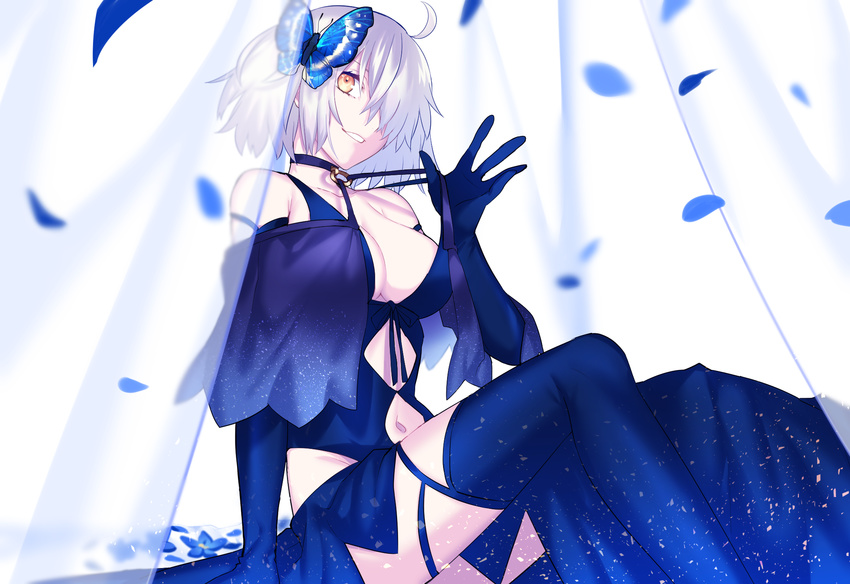bad_id bad_pixiv_id bare_shoulders breasts butterfly_hair_ornament choker dress dress_pull elbow_gloves fate/grand_order fate_(series) gloves grin hair_ornament hair_over_one_eye highres jeanne_d'arc_(alter)_(fate) jeanne_d'arc_(fate)_(all) large_breasts navel petals seseragi_azuma sitting smile solo thighhighs white_hair yellow_eyes