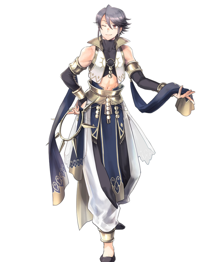 abs azur_(fire_emblem) bare_shoulders brown_eyes fire_emblem fire_emblem:_kakusei fire_emblem_heroes full_body grey_hair highres male_focus midriff navel official_art one_eye_closed solo standing suekane_kumiko transparent_background