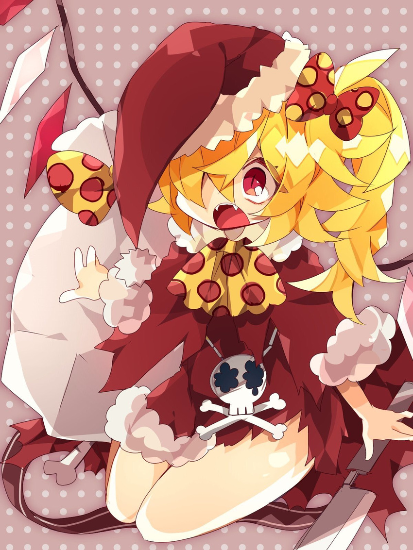 bare_legs blonde_hair bone bow cape cleaver dress fangs flandre_scarlet hair_bow hat highres nikorashi-ka one_eye_covered open_mouth red_dress red_eyes santa_costume santa_hat seiza side_ponytail sitting skull_and_crossbones torn_clothes touhou wings