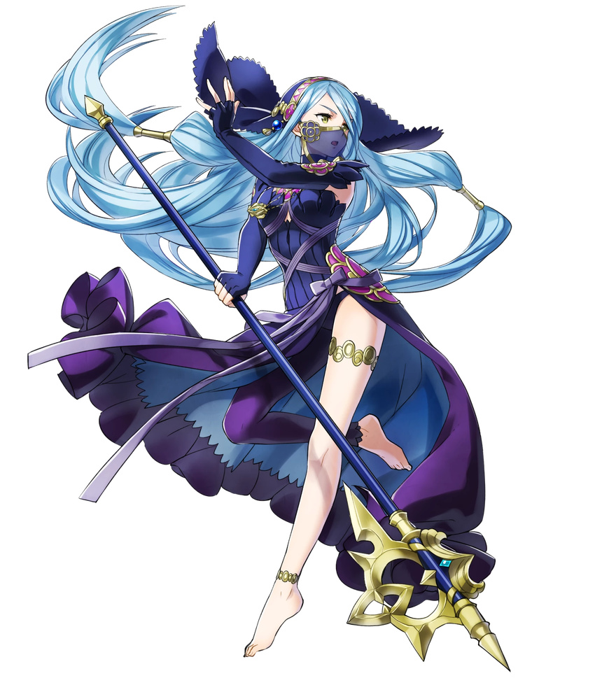 aqua_(fire_emblem_if) asymmetrical_legwear axe bangs bare_shoulders barefoot breasts dress fingerless_gloves fire_emblem fire_emblem_heroes fire_emblem_if full_body gloves highres holding holding_weapon kaya8 leg_up long_hair looking_away medium_breasts official_art open_mouth polearm poleaxe see-through skirt solo thigh_strap transparent_background veil very_long_hair weapon yellow_eyes