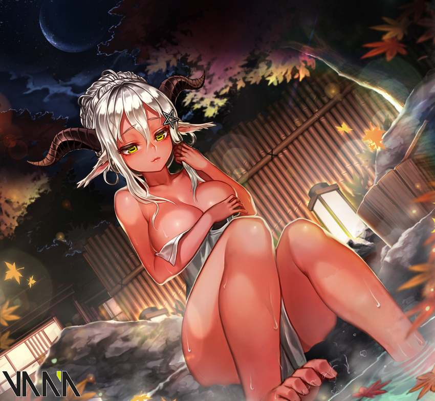 artist_name baphome bare_legs bare_shoulders barefoot breast_hold breasts cleavage closed_mouth covering dark_skin demon_girl demon_horns dutch_angle foreshortening goat_eyes grey_towel hair_between_eyes hair_bun hair_ornament highres horns large_breasts leaf lips looking_down maple_leaf night night_sky nude_cover onsen original outdoors pointy_ears red_skin short_hair silver_hair sky soaking_feet solo star star_hair_ornament steam toes towel vana wet yellow_eyes