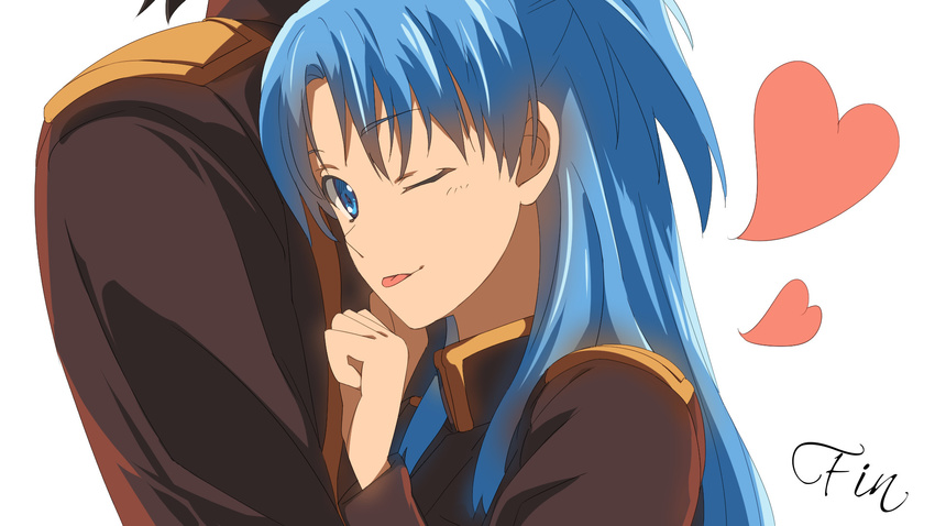 1girl blue_eyes blue_hair chiharu_(9654784) chtholly_nota_seniorious eyebrows_visible_through_hair french heart highres long_hair looking_at_viewer one_eye_closed shuumatsu_nani_shitemasu_ka? simple_background smile tongue tongue_out uniform upper_body white_background willem_kmetsch