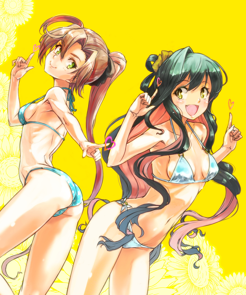 akigumo_(kantai_collection) alternate_costume ass back-to-back bikini black_hair blue_bikini breasts brown_hair chikuwa_(tks) cowboy_shot fang floral_background flower green_eyes highres index_finger_raised kantai_collection long_hair multicolored_hair multiple_girls naganami_(kantai_collection) navel o-ring o-ring_bikini o-ring_bottom o-ring_top pink_hair ponytail side-tie_bikini small_breasts standing sunflower swimsuit two-tone_hair white_bikini yellow_background yellow_eyes