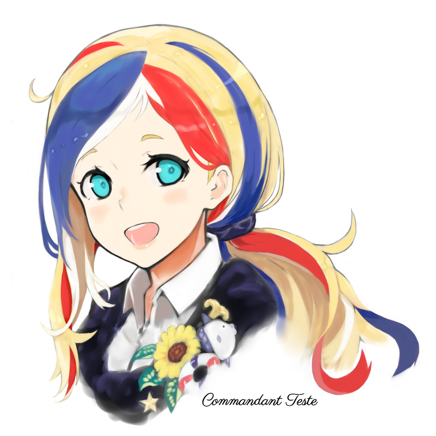 alternate_costume bad_id bad_pixiv_id blonde_hair blue_eyes blue_hair blue_jacket character_name commandant_teste_(kantai_collection) flower highres jacket jacket_on_shoulders kantai_collection long_hair looking_at_viewer miyako_(miyako_lplover) multicolored_hair red_hair simple_background solo streaked_hair sunflower upper_body white_background white_hair