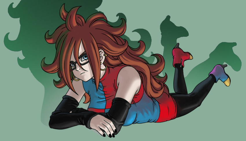 1girl android android_21 arm_warmers artist_request big_hair black-framed_eyewear black-framed_glasses black_legwear black_nails blue_eyes brown_hair curly_hair dragon_ball dragon_ball_fighterz earring female glasses green_background high_heel_boots hoop_earrings long_hair multicolored_boots multicolored_clothes multicolored_dress nail_polish on_stomach shadow solo