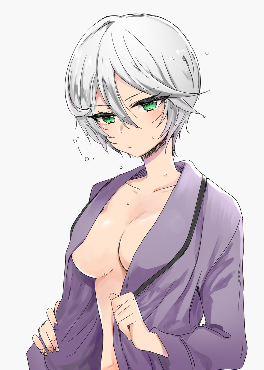 ashiyu_(t0m1) bathrobe breasts cleavage closed_mouth grey_background hair_between_eyes highres long_sleeves looking_at_viewer medium_breasts open_clothes open_robe pretty_(series) pripara robe shikyouin_hibiki short_hair silver_hair simple_background solo wet wet_hair