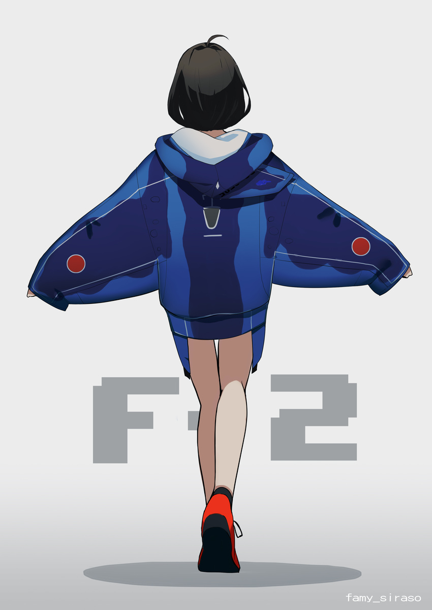 absurdres ahoge black_hair bob_cut commentary design fami_(yellow_skies) from_behind full_body highres hood hood_down hoodie original outstretched_arms red_footwear shoes short_hair solo standing twitter_username
