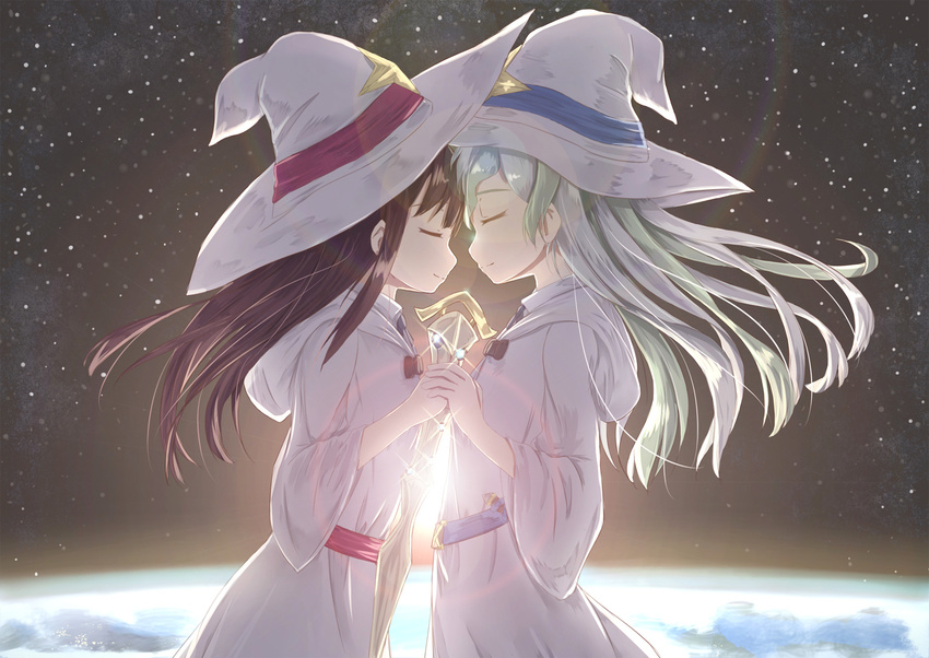 blue_ribbon brown_hair closed_eyes diana_cavendish dress earth floating_hair hat hat_ribbon highres hikari_niji holding hooded_dress kagari_atsuko light_green_hair little_witch_academia multicolored_hair multiple_girls planet red_ribbon ribbon silver_hair sky smile sparkle spoilers star_(sky) starry_sky two-tone_hair white_dress white_hat witch_hat yuri