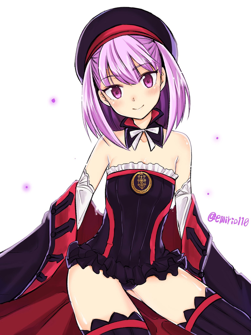 bare_shoulders belt blush detached_sleeves emirio_(user_wmup5874) fate/grand_order fate_(series) flat_chest hat helena_blavatsky_(fate/grand_order) highres looking_at_viewer open_mouth purple_eyes purple_hair short_hair smile solo strapless thighhighs twitter_username
