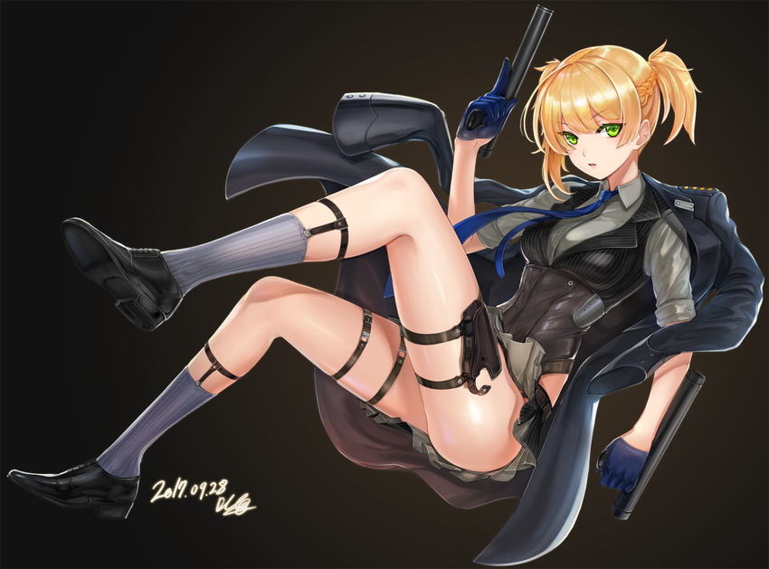 artist_name bangs blonde_hair blue_gloves breasts collared_shirt commentary dated dual_wielding eyebrows_visible_through_hair full_body girls_frontline gloves green_eyes grey_legwear grey_shirt gun half_gloves holding holding_gun holding_weapon holster jacket_on_shoulders loafers looking_at_viewer medium_breasts mhg_(hellma) parted_lips ribbed_legwear shirt shoes short_twintails sidelocks signature sleeves_rolled_up solo thigh_holster thigh_strap thighs twintails vest weapon welrod_mk2_(girls_frontline)