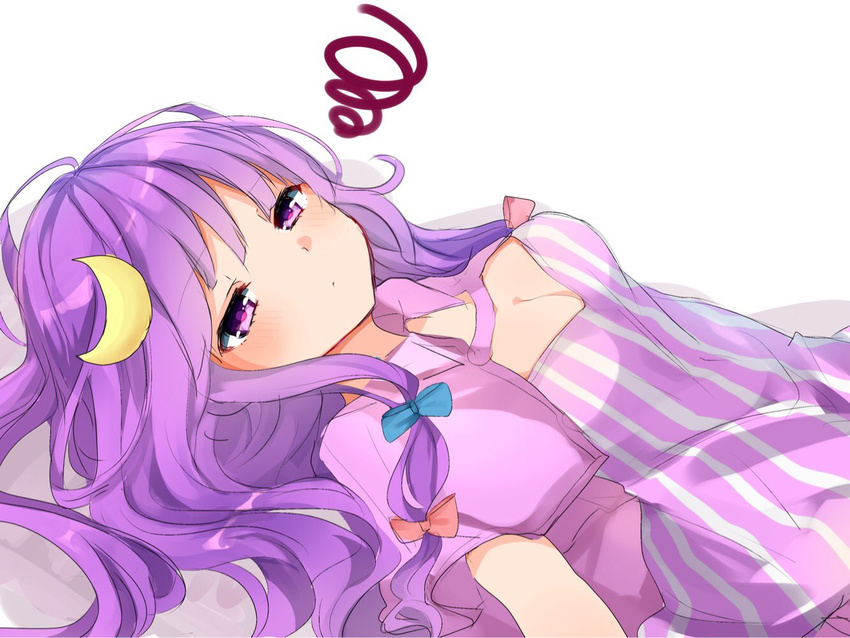 bangs blue_bow blush bow breasts capelet cleavage closed_mouth crescent crescent_hair_ornament crescent_moon_pin dress eyebrows_visible_through_hair hair_bow hair_ornament karasusou_nano long_hair lying medium_breasts no_hat no_headwear on_back patchouli_knowledge purple_eyes purple_hair red_bow sidelocks solo squiggle striped striped_dress touhou upper_body vertical-striped_dress vertical_stripes