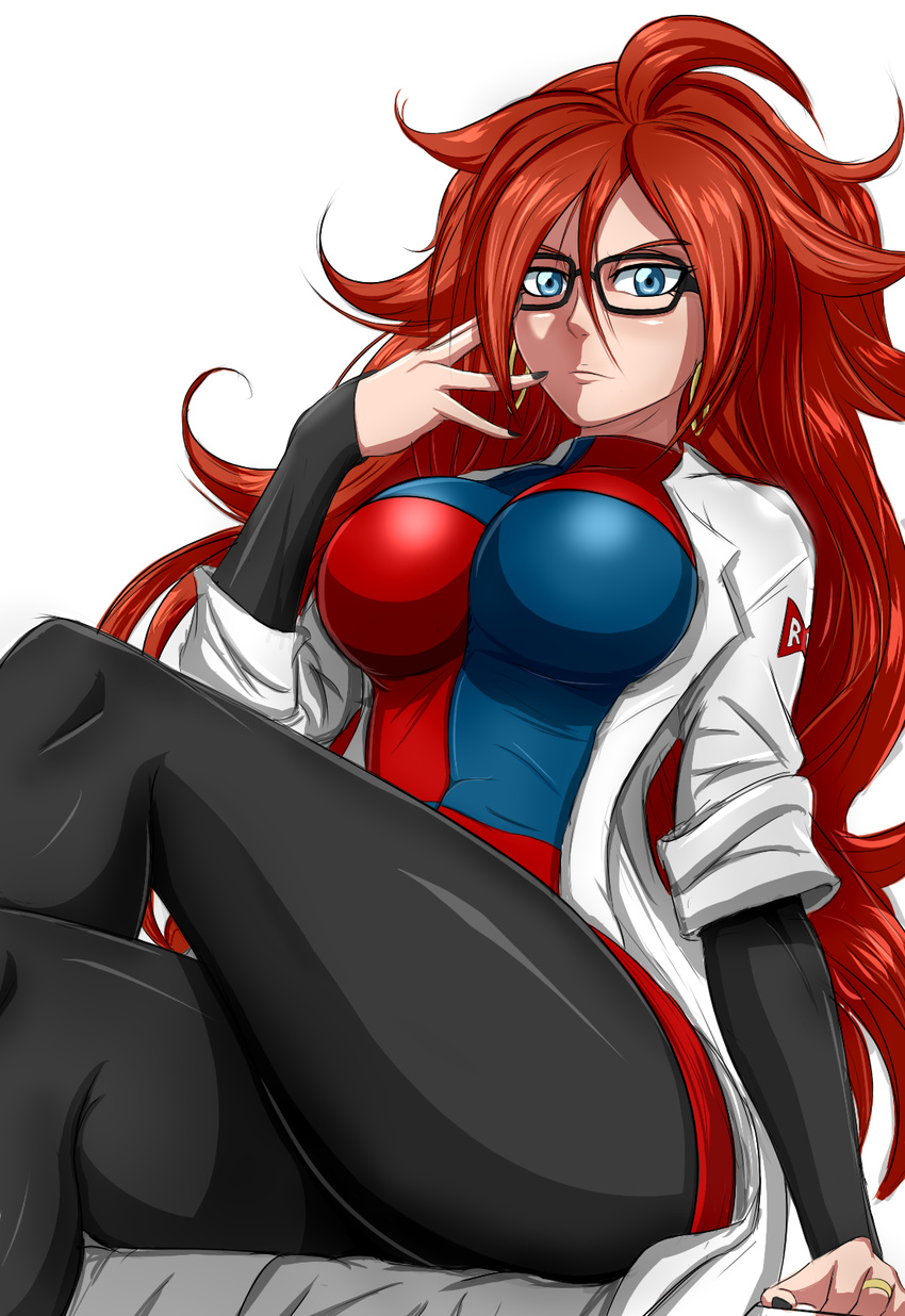 android_21 black-framed_eyewear black_legwear black_nails blue_eyes breasts brown_hair checkered checkered_dress commentary crossed_legs curly_hair detached_sleeves dragon_ball dragon_ball_fighterz dress earrings from_below glasses highres hoop_earrings jewelry labcoat large_breasts legs long_hair looking_at_viewer nail_polish pantyhose red_ribbon_army ring santiago_rodriguez short_dress sitting solo thighs