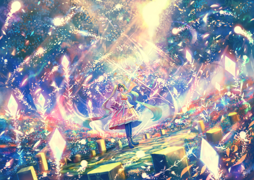aqua_eyes arm_up black_footwear blue_eyes boots colorful commentary_request crystal day field flower flower_field glowing hand_up hatsune_miku highres light_particles long_hair long_sleeves looking_up magic open_mouth outdoors pleated_skirt sakimori_(hououbds) scenery skirt smile solo standing stone_floor sunlight thigh_boots thighhighs tree very_long_hair vocaloid wide_sleeves