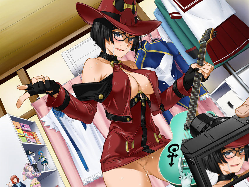 1girl bare_shoulders black-framed_glasses black_hair blue_eyes blush breasts camera cleavage clownculture cosplay cum dress electric_guitar embarrassed erect_nipples facial figure fingerless_gloves glasses gloves guilty_gear guitar hat highres holding holding_guitar i-no i-no_(cosplay) indoors instrument large_breasts legs looking_at_viewer mole mole_above_mouth no_panties o-ring o-ring_top open_mouth otaku_room pubic_hair pussy pussy_juice red_dress revealing_clothes school_uniform short_dress short_hair solo_focus standing thighs wet witch_hat