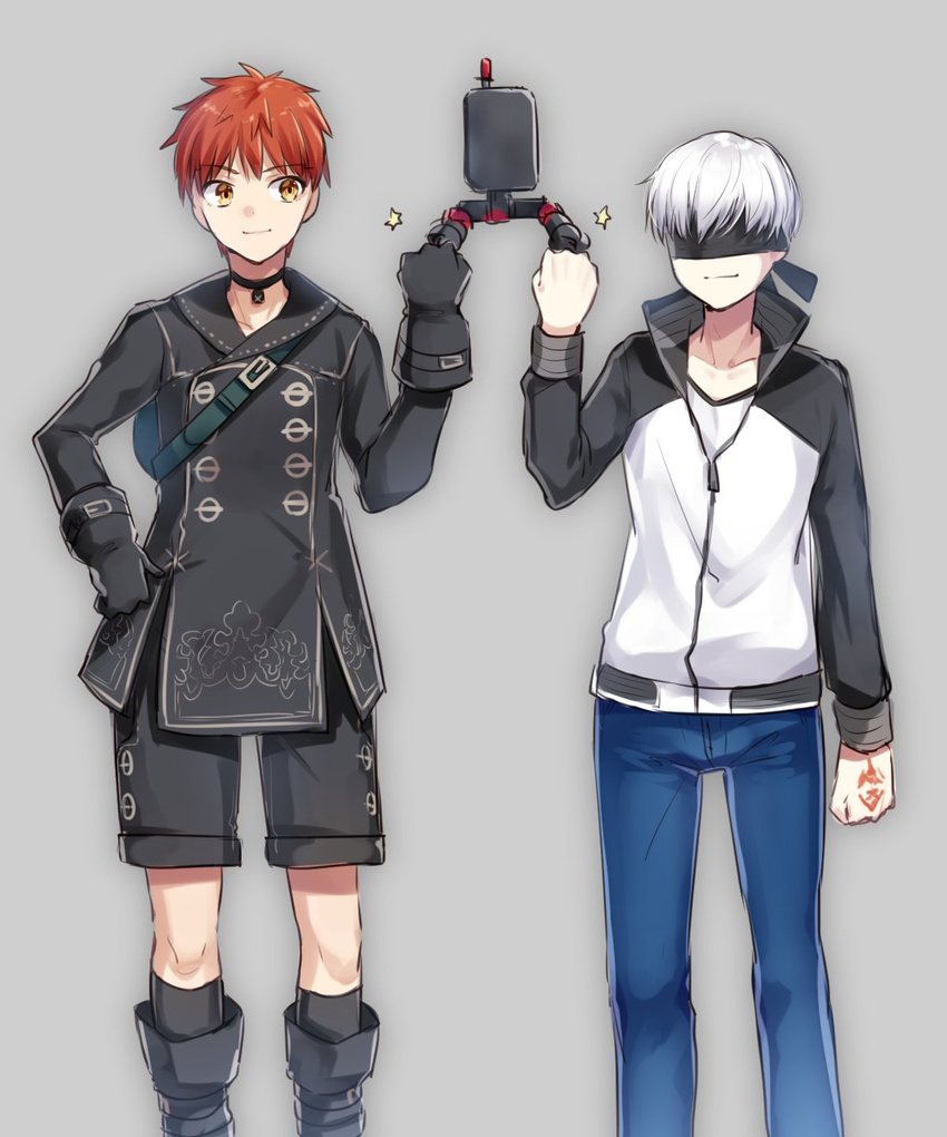 backpack bag bangs black_choker black_footwear black_gloves black_jacket black_legwear black_shorts blindfold blue_pants boots choker clenched_hands closed_mouth collared_jacket command_spell commentary_request cosplay costume_switch covered_eyes denim emiya_shirou emiya_shirou_(cosplay) eyebrows_visible_through_hair fate/stay_night fate_(series) fist_bump gloves hand_on_hip high_collar highres ichiren_namiro jacket jeans long_sleeves looking_at_another male_focus multiple_boys nier_(series) nier_automata pants pod_(nier_automata) red_hair shirt shorts smile socks standing white_hair white_shirt yellow_eyes yorha_no._9_type_s yorha_no._9_type_s_(cosplay) zipper