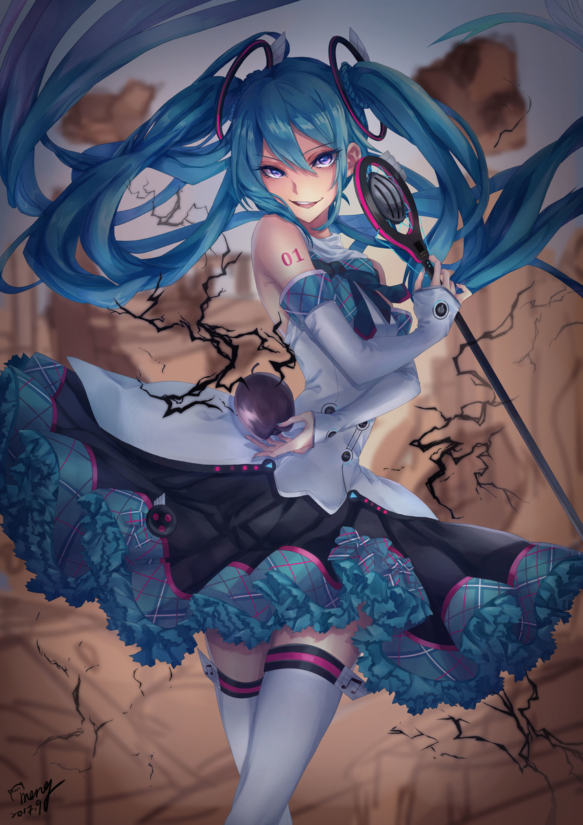 absurdres blue_eyes blue_hair dated detached_sleeves frilled_skirt frills hair_between_eyes hatsune_miku highres long_hair magical_mirai_(vocaloid) meng microphone naughty_face rubble signature skirt solo suna_no_wakusei_(vocaloid) tattoo thighhighs thighs twintails vocaloid