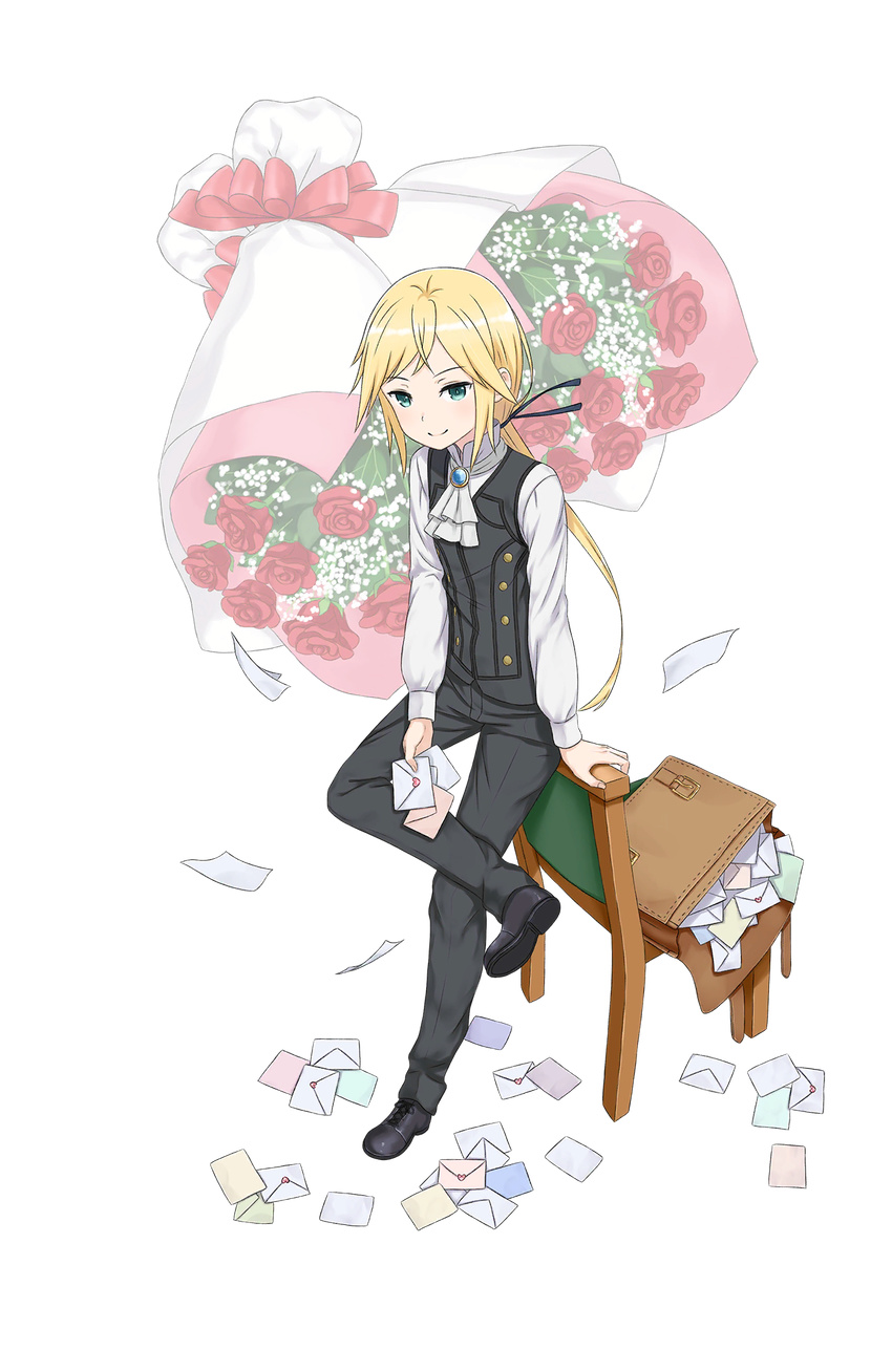 androgynous aqua_eyes black_footwear black_pants blonde_hair bouquet briefcase chair chris_(princess_principal) envelope flower full_body highres looking_at_viewer official_art pants ponytail princess_principal princess_principal_game_of_mission shoes smile solo standing standing_on_one_leg transparent_background vest