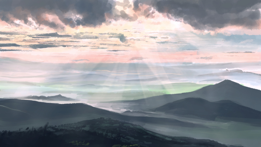 banishment cloud cloudy_sky commentary_request day fog highres hill landscape no_humans overcast scenery sky sunlight valley