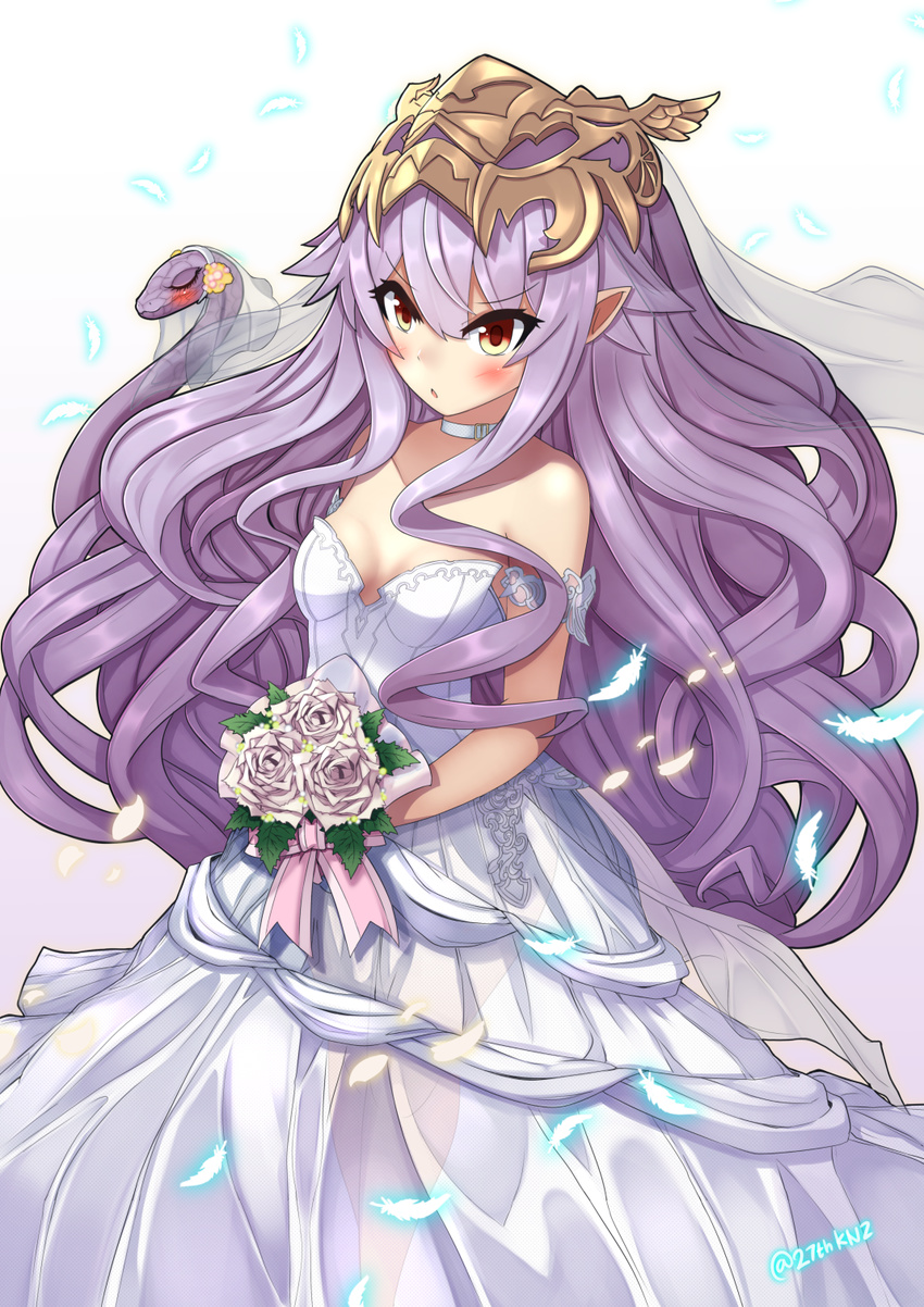 :o bare_shoulders blush bouquet breasts bridal_veil bride choker commentary cowboy_shot dress feathers flower granblue_fantasy headpiece highres kuronekozero lavender_hair long_hair looking_at_viewer medusa_(shingeki_no_bahamut) pointy_ears red_eyes rose see-through shingeki_no_bahamut simple_background small_breasts snake solo strapless strapless_dress thighs v-shaped_eyebrows veil very_long_hair wedding_dress white_background white_dress