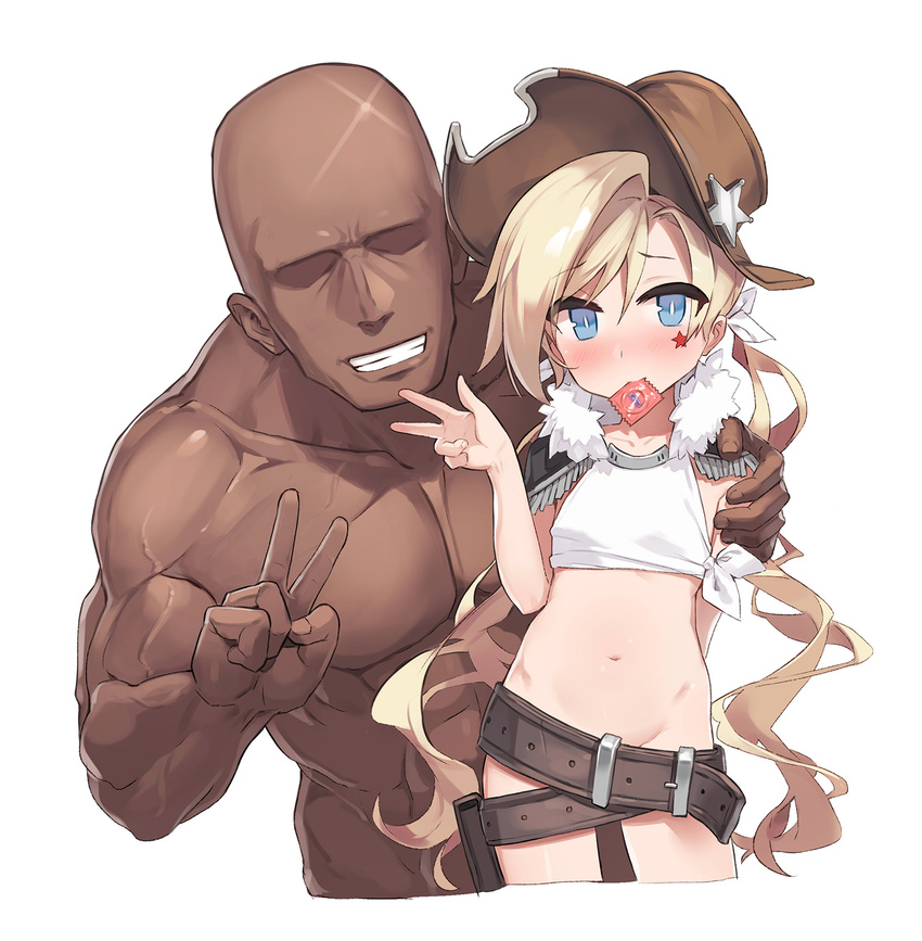 1girl belt beltskirt blonde_hair blue_eyes blush bow clothed_female_nude_male colt_m1873_(girls_frontline) condom condom_in_mouth condom_wrapper cowboy_hat cropped_legs dark_skin dark_skinned_male epaulettes eyebrows_visible_through_hair fur_trim girls_frontline grin groin hair_bow hand_on_another's_shoulder hat highres kylin long_hair low_twintails mouth_hold muscle navel nude shirt simple_background sleeveless smile star star_tattoo tattoo tied_shirt twintails v very_long_hair wavy_hair white_background