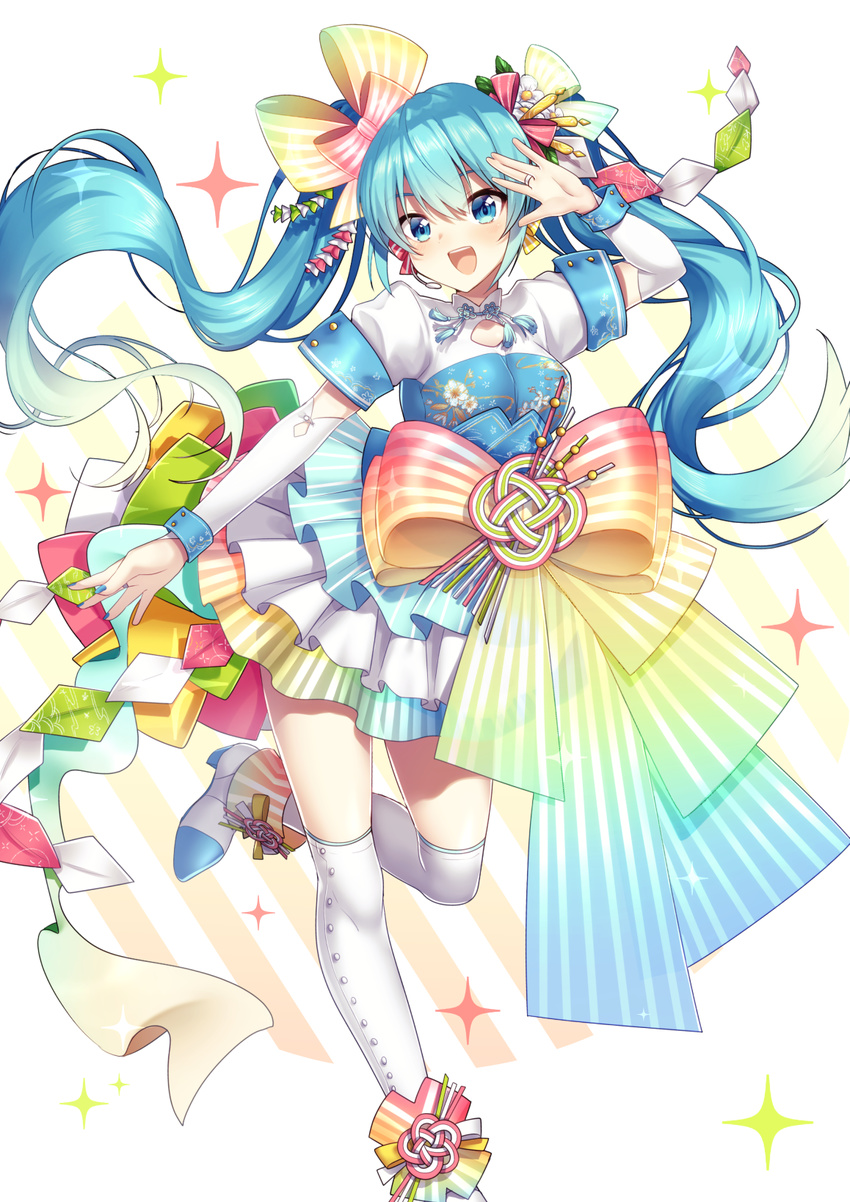 :d aqua_eyes aqua_hair aqua_nails bangs blush boots bow commentary_request detached_sleeves earrings flower hair_between_eyes hair_bow hair_flower hair_ornament hatsune_miku highres ichiren_namiro jewelry kneehighs long_hair looking_at_viewer nail_polish open_hands open_mouth puffy_short_sleeves puffy_sleeves ring short_sleeves skirt smile solo sparks standing standing_on_one_leg thighhighs too_many_bows twintails very_long_hair vocaloid white_background wrist_cuffs