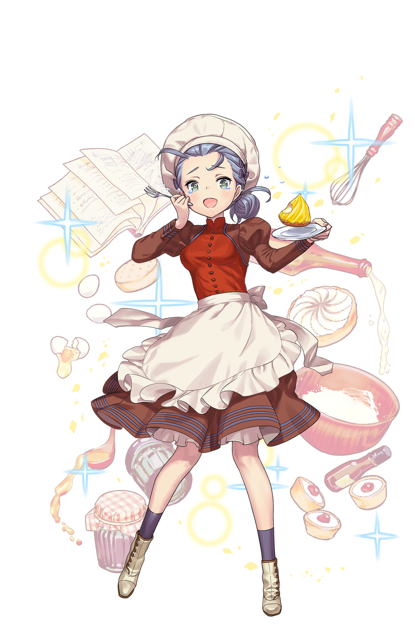 :o apron blue_legwear book bottle bowl chef_hat cracked_egg dessert food fork full_body green_eyes hand_up hat highres jar ladle looking_at_viewer maid_apron mixing_bowl nikki_quinnell official_art open_book plate pouring princess_principal princess_principal_game_of_mission puffy_sleeves purple_hair red_skirt shoes skirt socks sparkle standing tears transparent_background whisk white_footwear