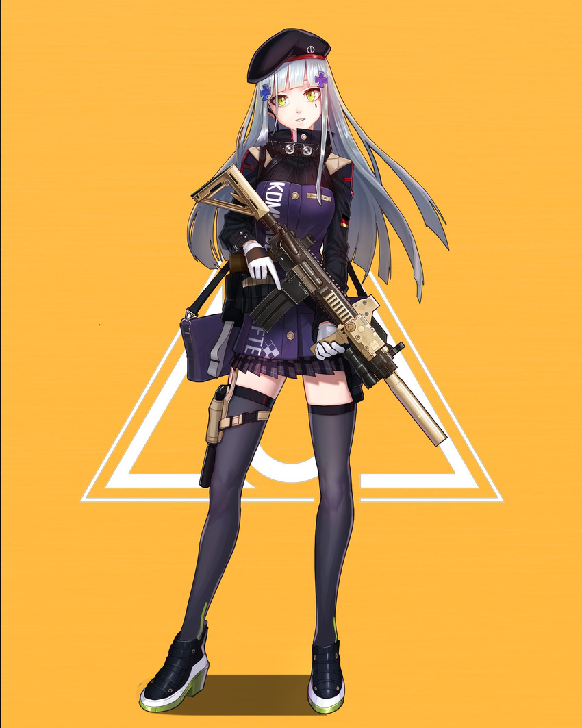 assault_rifle bag bangs beret black_legwear blunt_bangs dlalsrl03131 earpiece eotech facial_mark full_body german_flag girls_frontline gloves green_eyes gun hair_ornament hat heckler_&amp;_koch high_collar high_heels highres hk416 hk416_(girls_frontline) holster long_hair long_sleeves looking_at_viewer messenger_bag parted_lips rifle shoes shoulder_bag silver_hair skirt sneakers solo standing suppressor teardrop thigh_holster thigh_strap thighhighs triangle trigger_discipline weapon white_gloves yellow_background zettai_ryouiki