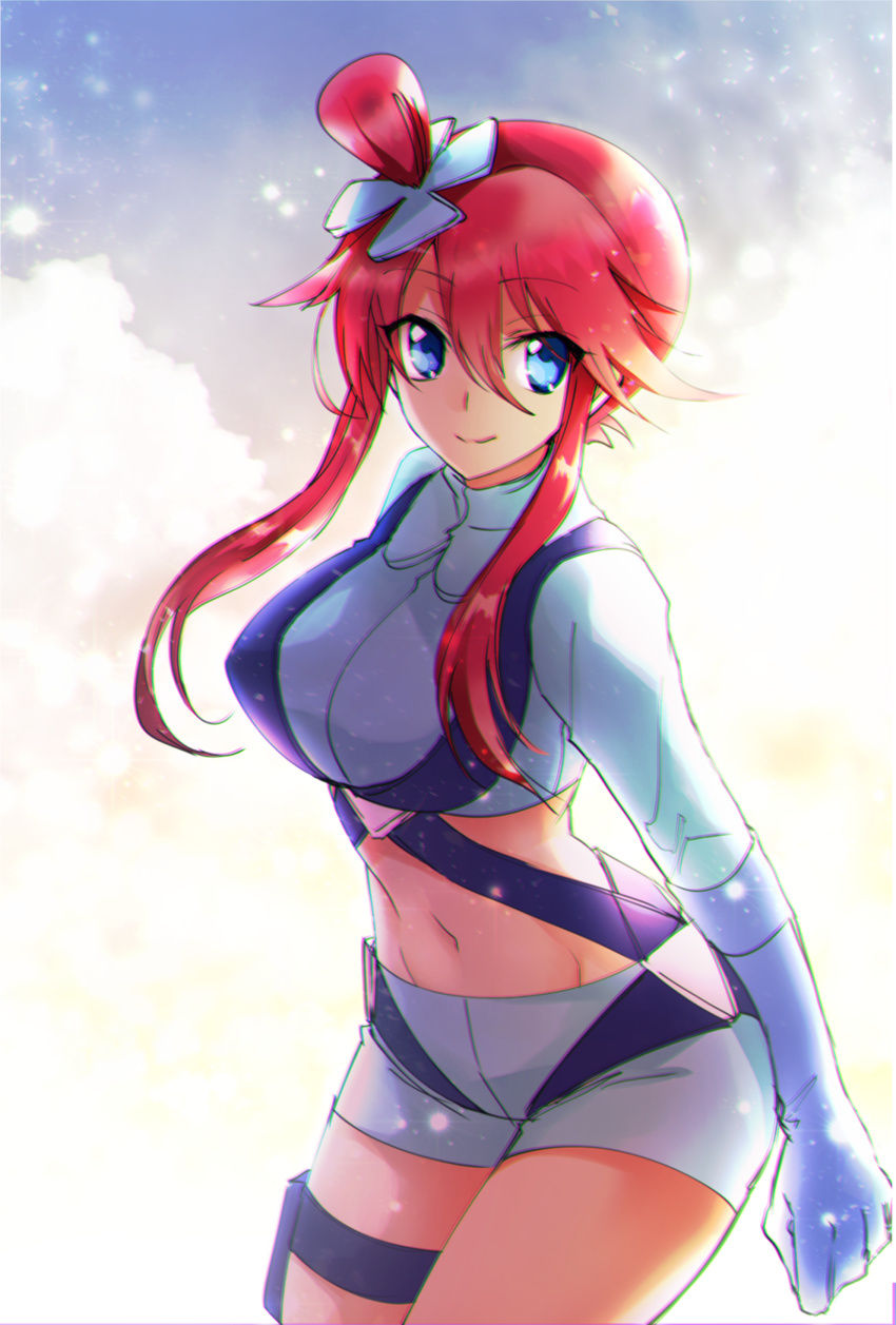 1girl arm_at_side blue_eyes breasts chromatic_aberration clenched_hand closed_mouth cowboy_shot crop_top cropped_jacket eyebrows_visible_through_hair fuuro_(pokemon) gloves graphite_(medium) gym_leader hair_between_eyes hair_ornament highres large_breasts long_hair long_sleeves looking_at_viewer mechanical_pencil midriff mintes navel pencil pokemon pokemon_(game) pokemon_bw red_hair short_shorts shorts smile solo standing stomach toned traditional_media