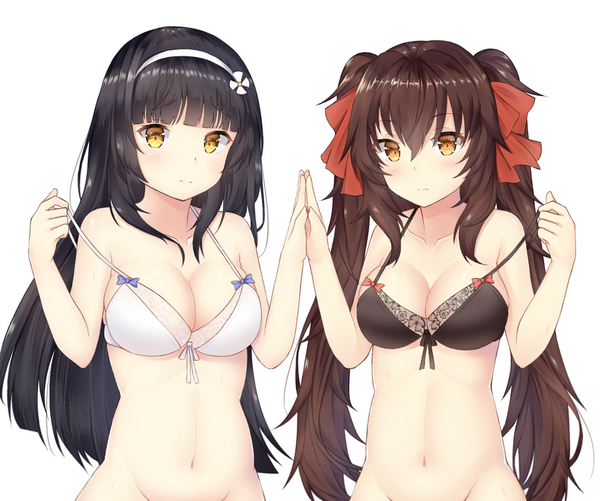 bangs bare_arms bare_shoulders black_bra black_hair blunt_bangs blush bottomless bra breasts brown_eyes brown_hair cleavage closed_mouth collarbone eyebrows_visible_through_hair flower girls_frontline hair_between_eyes hair_flower hair_ornament hair_ribbon hairband highres light_frown long_hair looking_at_viewer medium_breasts multiple_girls navel out-of-frame_censoring palms_together pulled_by_self qbz-95_(girls_frontline) qbz-97_(girls_frontline) red_ribbon ribbon seventeen_(st17215) sidelocks simple_background stomach straight_hair strap_pull twintails underwear underwear_only undressing upper_body very_long_hair white_background white_bra white_hairband yellow_eyes