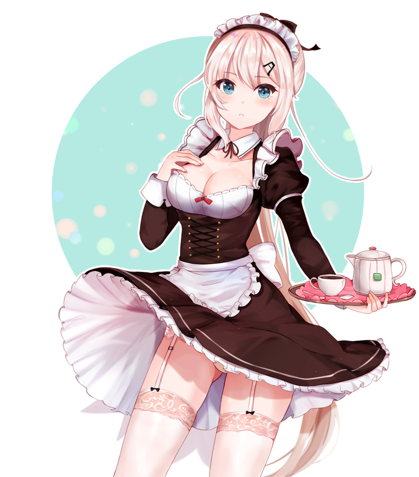 9a-91_(girls_frontline) apron black_dress blonde_hair blue_eyes blush breasts chu_(huaha1320) cleavage commentary cowboy_shot cup dress frilled_apron frills garter_straps girls_frontline hair_ornament hairclip hand_on_own_chest hand_up highres holding holding_tray juliet_sleeves lace lace-trimmed_thighhighs long_sleeves maid maid_headdress medium_breasts panties parted_lips puffy_sleeves solo teacup teapot thighhighs thighs tray underwear waist_apron white_panties